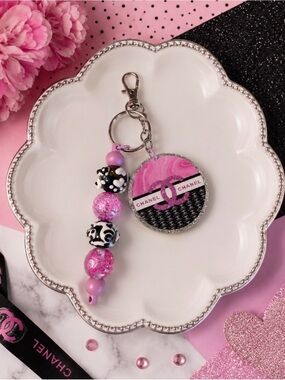 Hand Crafted Inspired Pink and Black Beaded Keychain